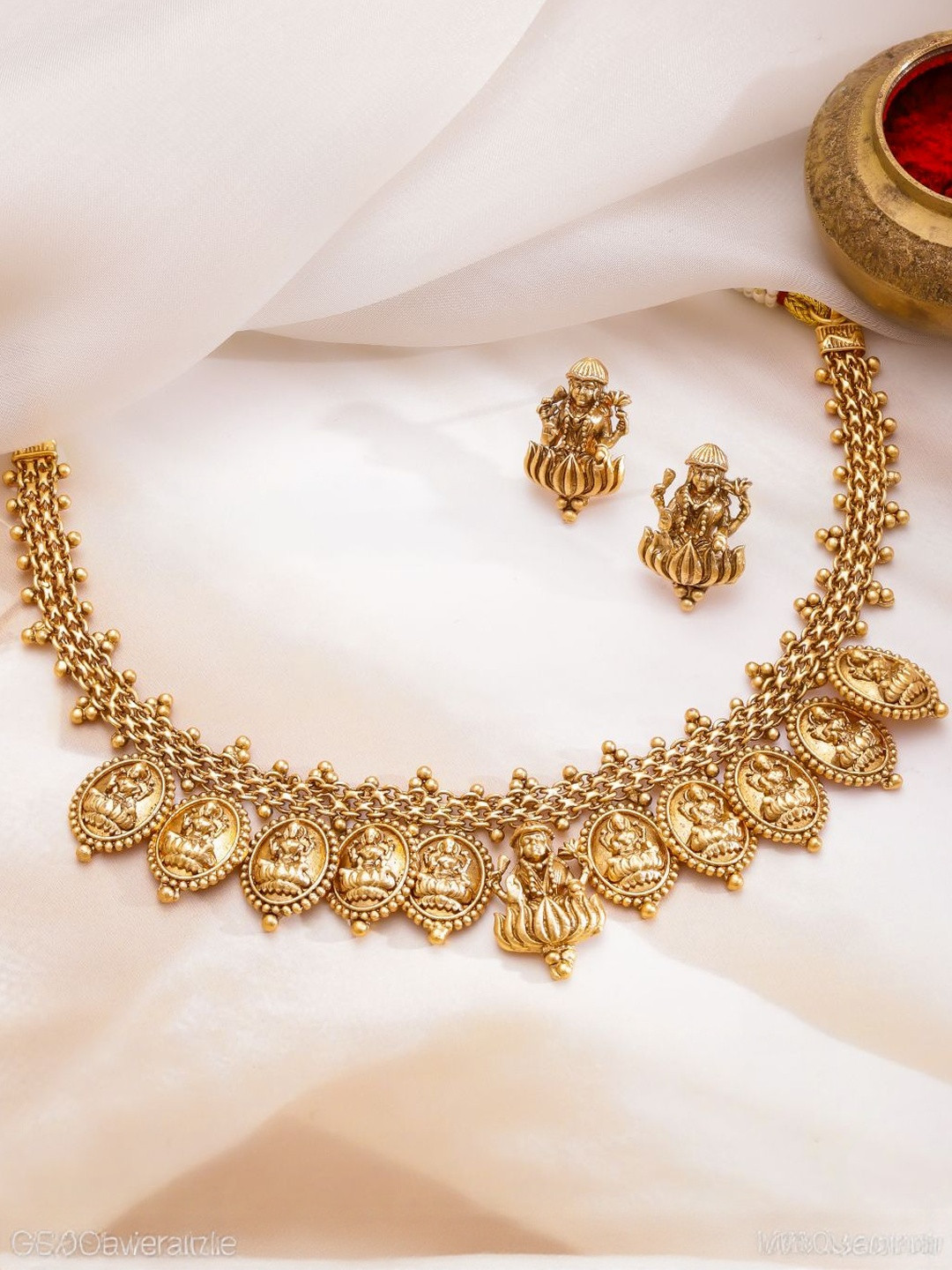 Rubans Brass 22K Gold-Plated Temple Lakshmi Oval Motif Choker Necklace with Lotus Earrings
