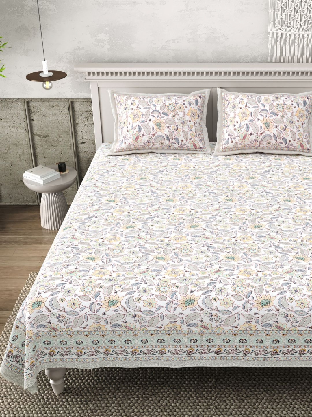 Plarsh Comfort White & Purple Printed Cotton 240 TC King Bedsheet Set-2.4 m x 2.74 m