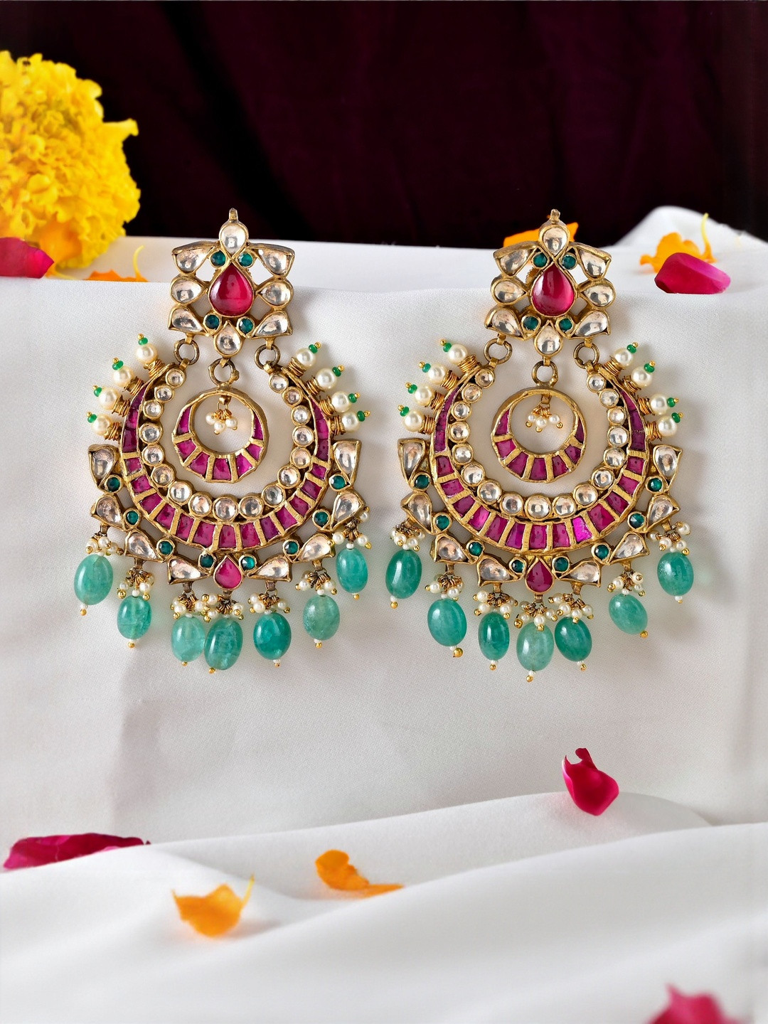 Richlook Rhodium-Plated Stones Studded And Kundan Studed Crescent Shaped Chandbalis