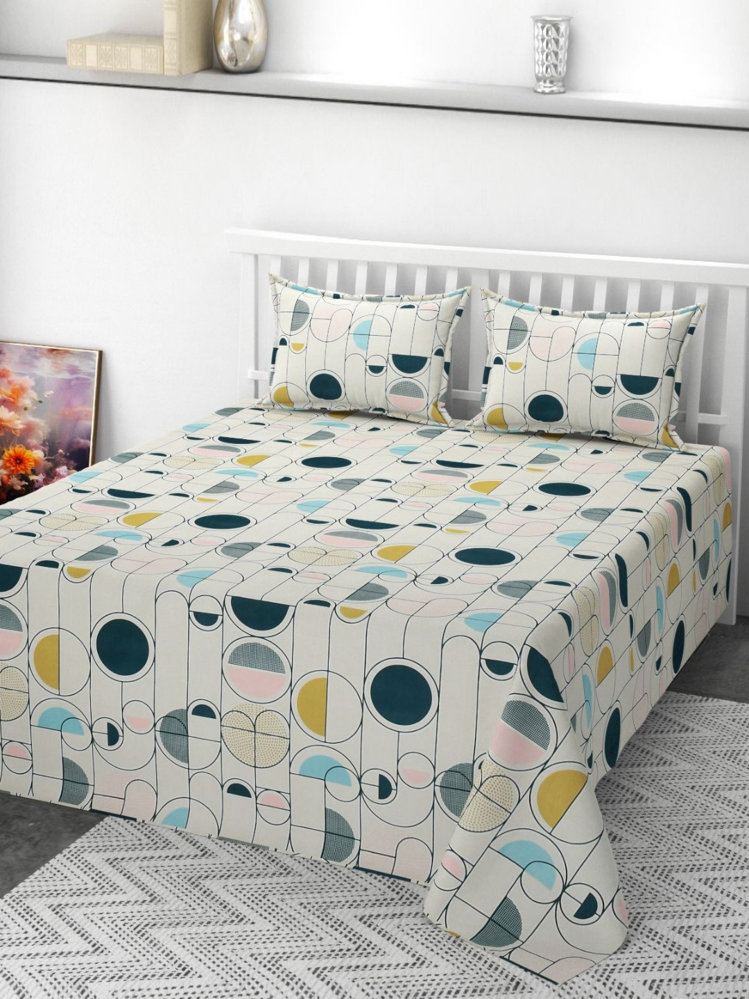 GEET CREATIONS White & Blue Geometric 210 TC Queen Bedsheet With 2 Pillow Covers