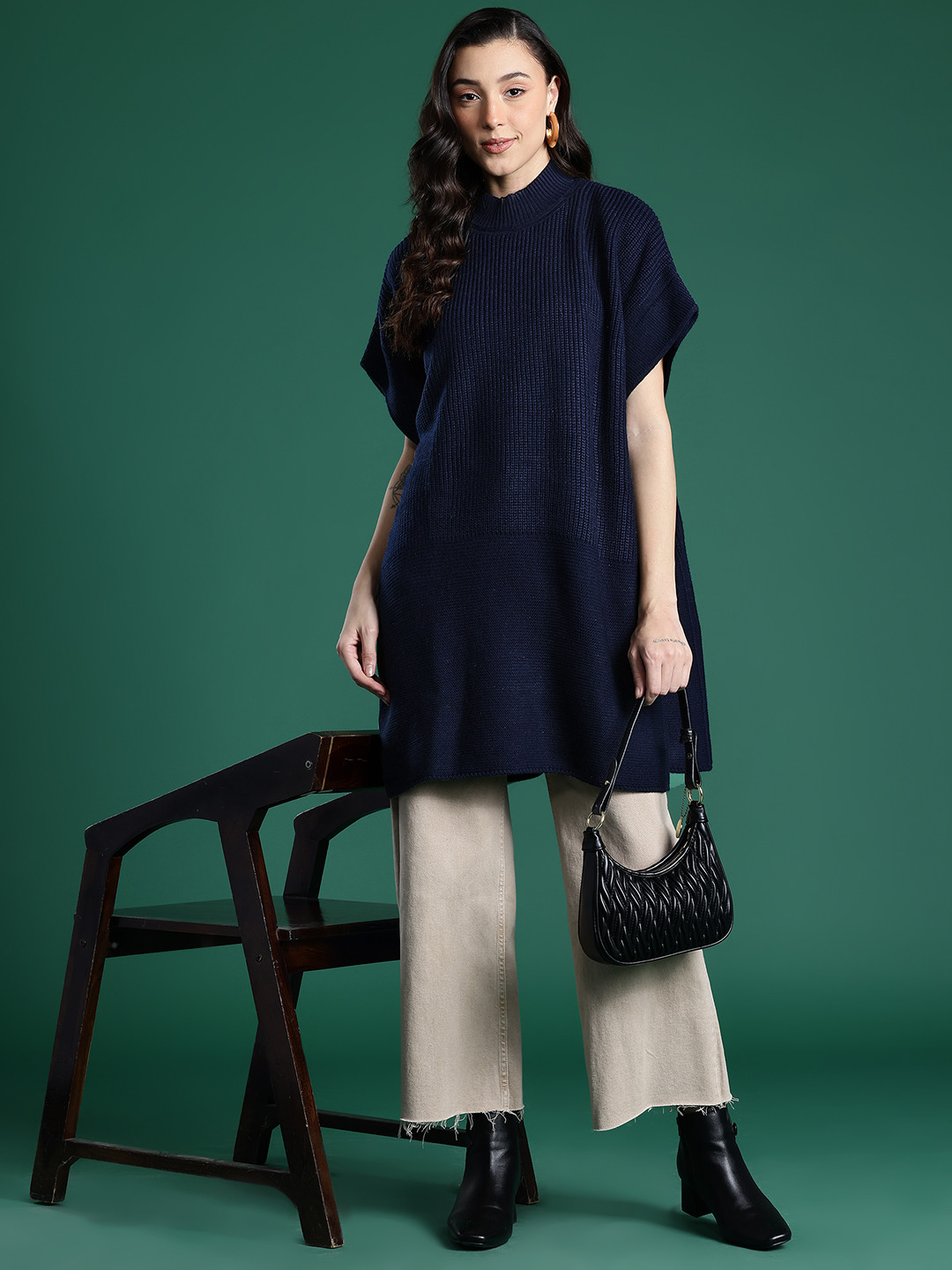 Cayman Ribbed High Neck Woolen Longline Poncho