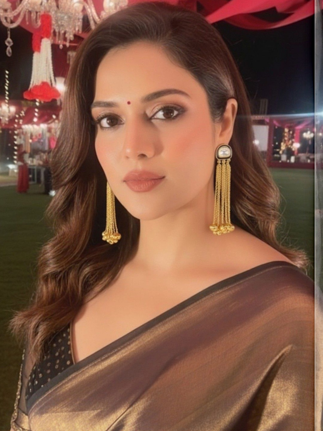 AURAA TRENDS Gold-Plated Crystals Studded And Beaded Tasselled Geometric Drop Earrings