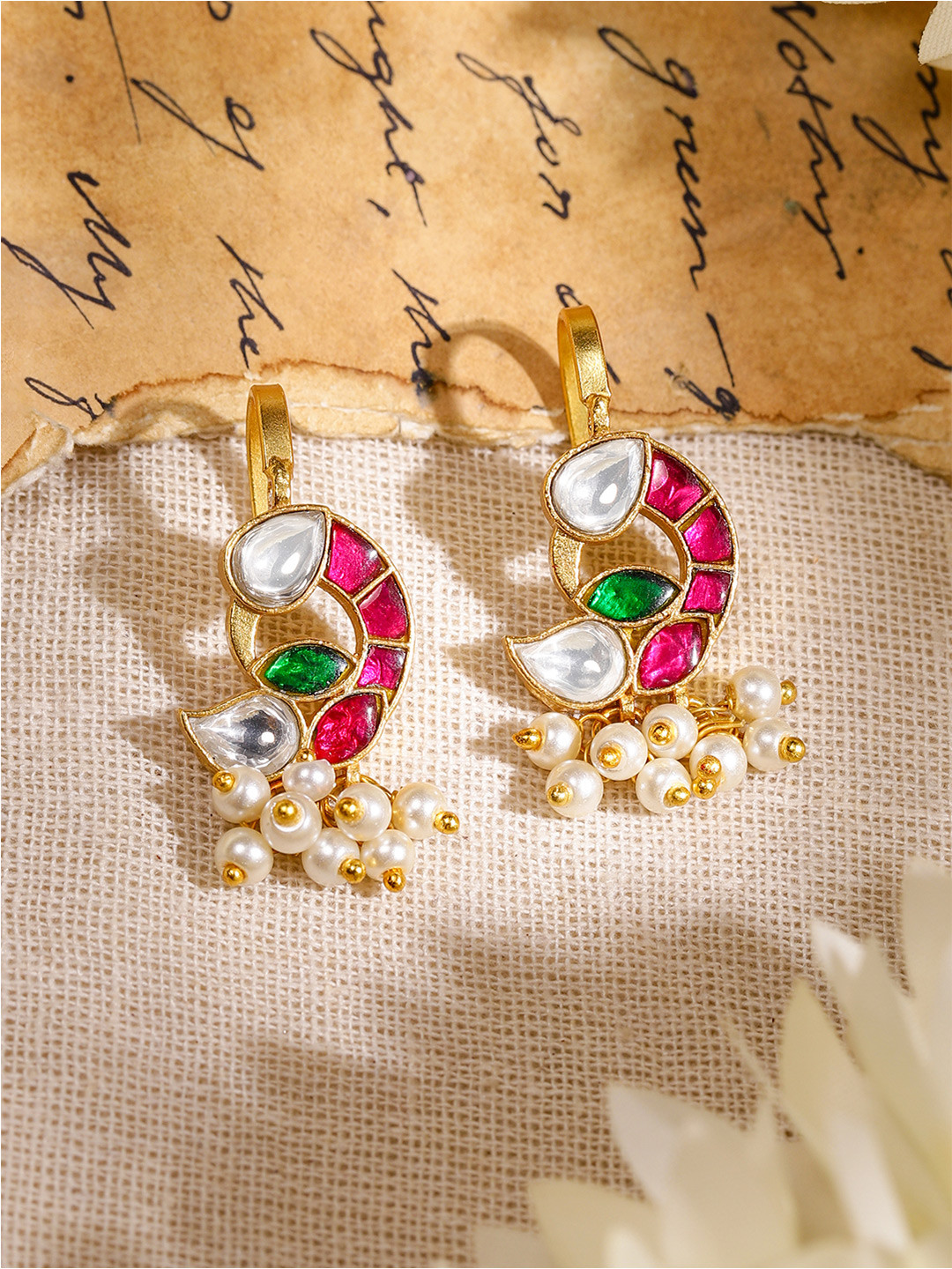 Rubans 22K Gold-Plated Ruby Pink Emerald & White Kundan Studded Ear Cuff