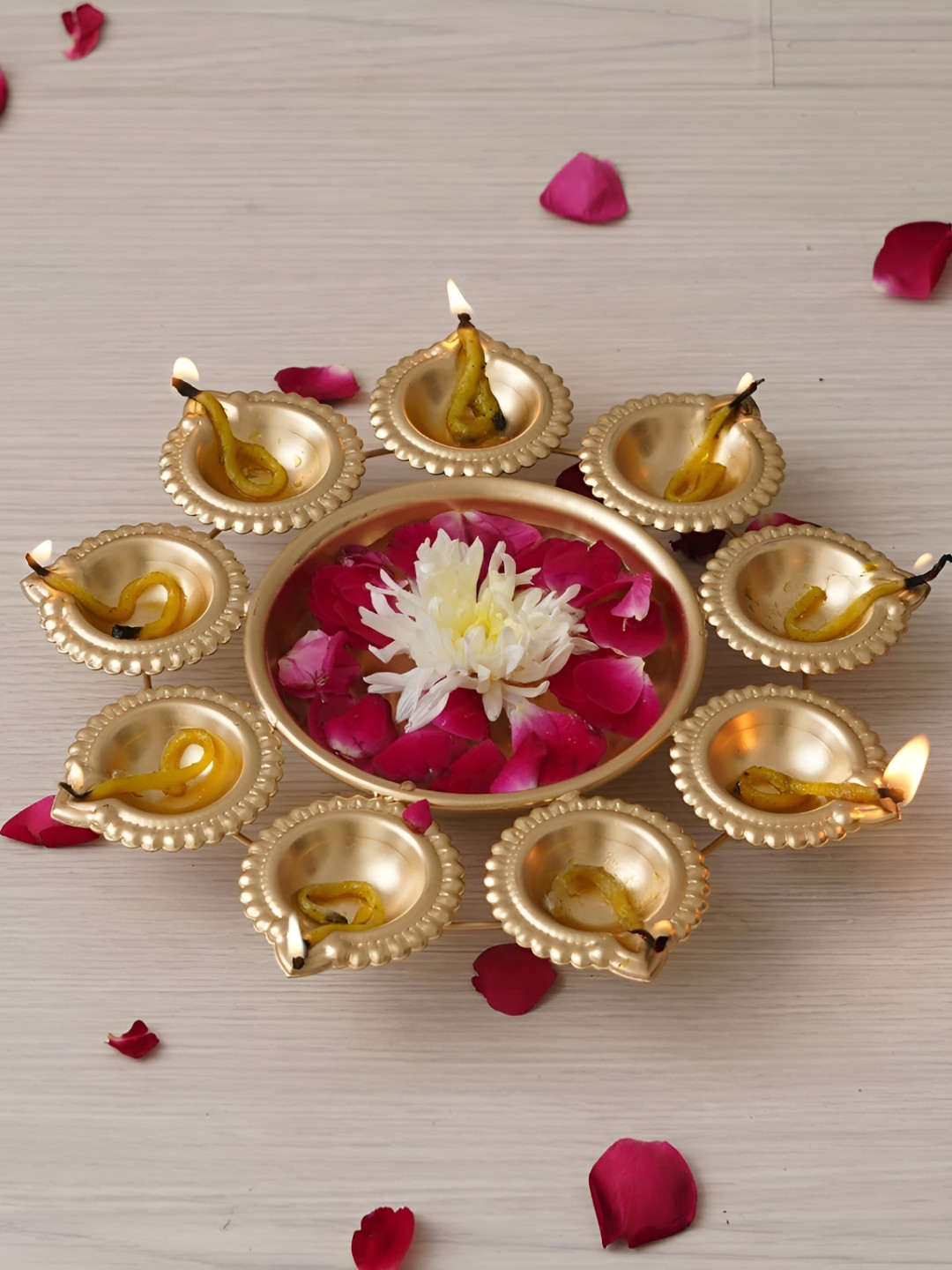 Ascension Gold Toned Decorative Urli Bowl With 9 Attached Oil Diyas