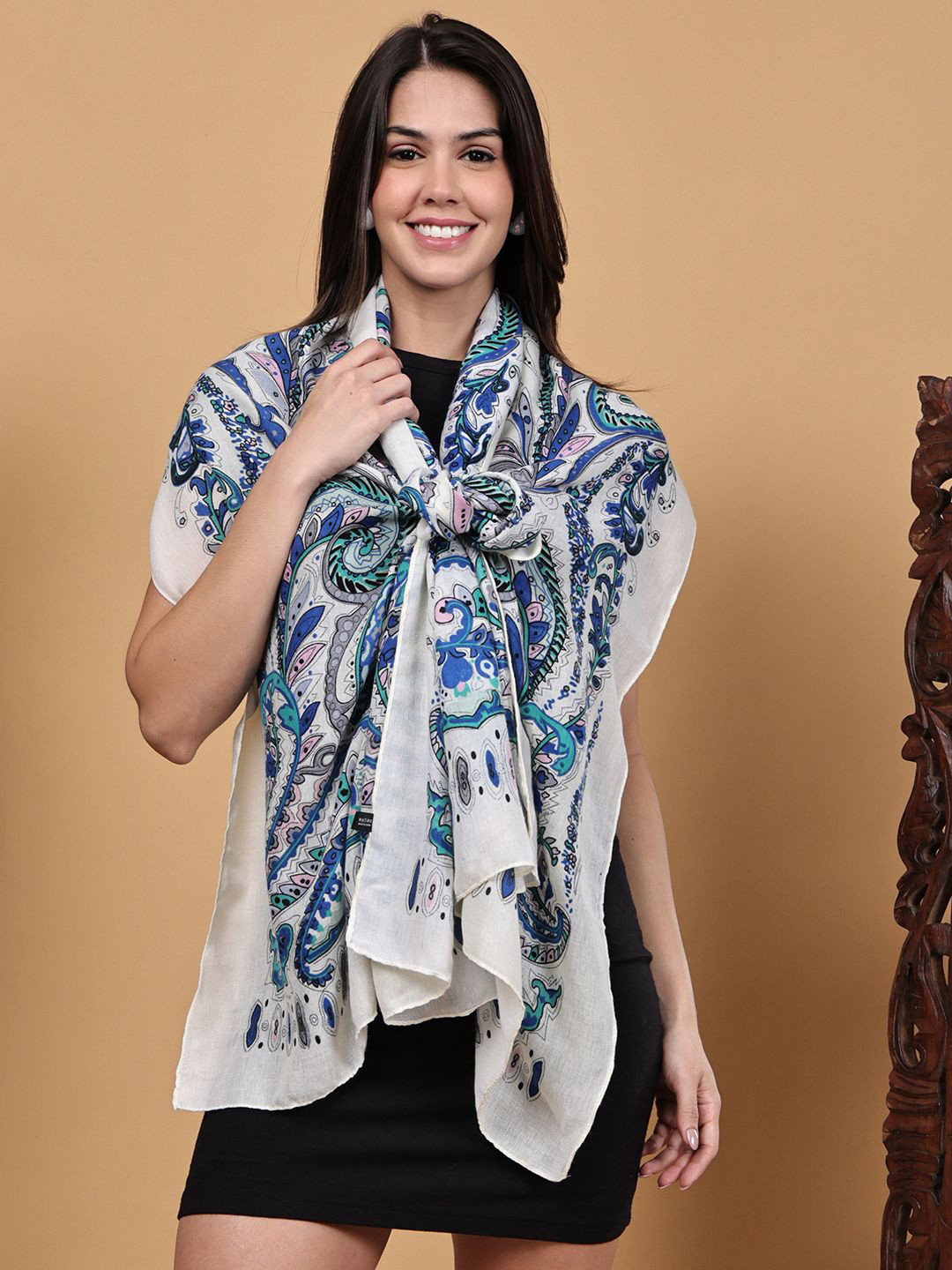 LOOM LEGACY Women Floral Printed Stole with Taping Border