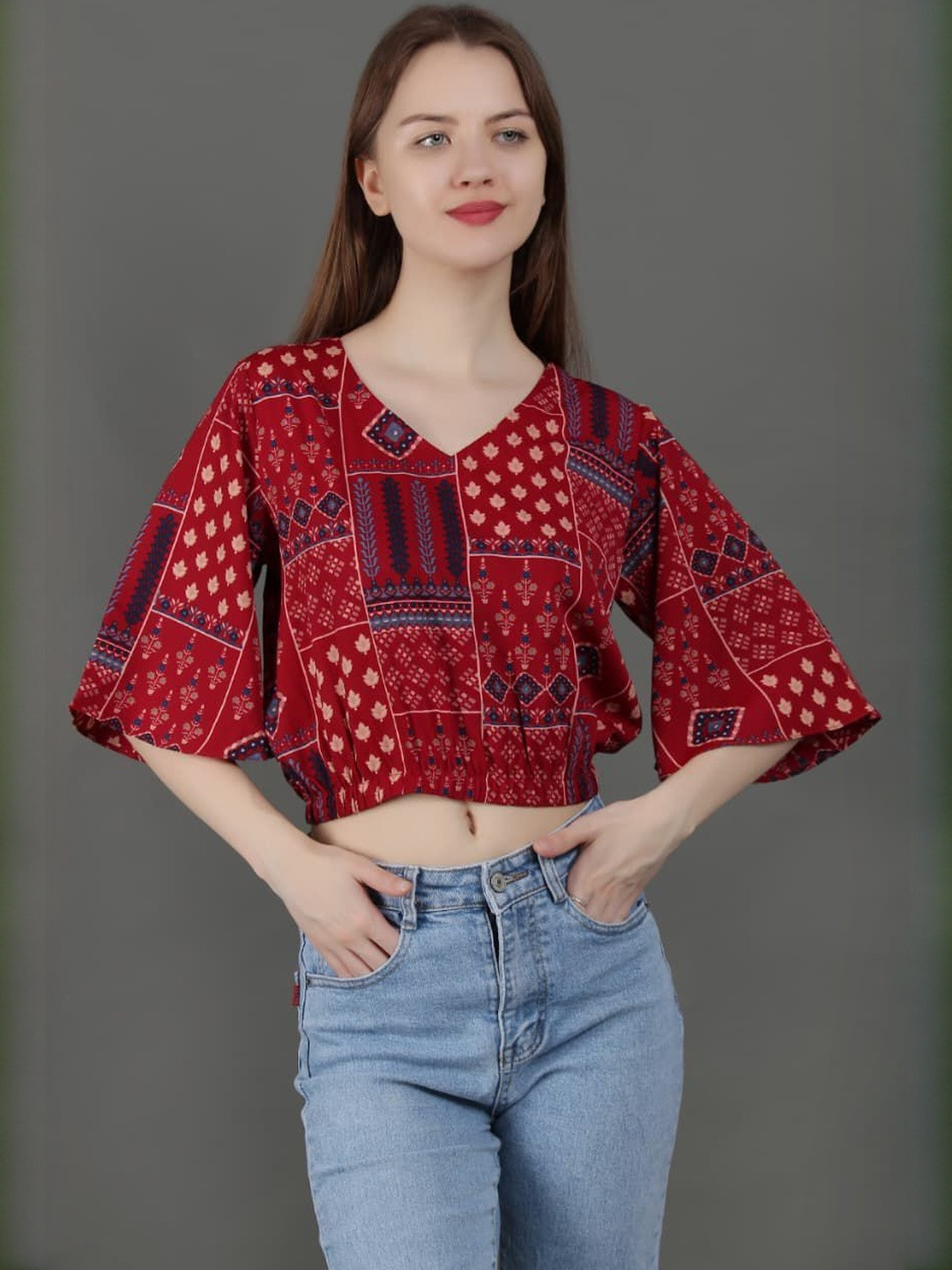 maabaya Women Printed Flared Sleeve Ethnic Cotton Crop Top
