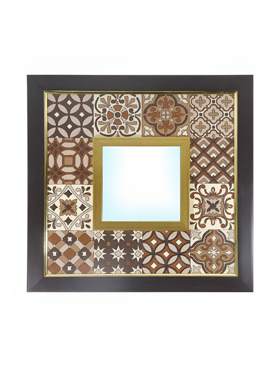 Creative Touch Brown & Beige Printed Wooden Squared Shaped Wall Mirror