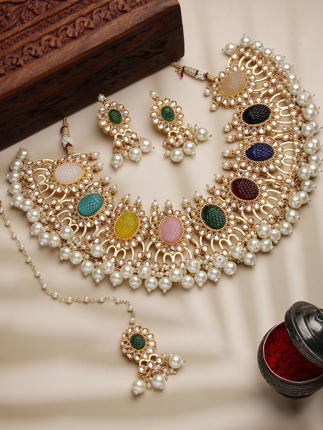 PANASH Gold-Plated Kundan Studded & Beaded Necklace And Earrings With Maang Tika