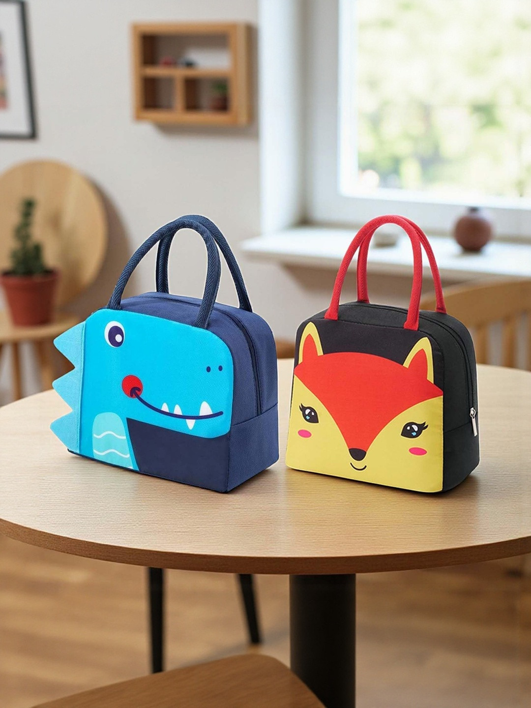 Go Hooked Kids Set Of 2 Thermal Insulated Oxford Lunch Bag With Dino & Fox Face Design
