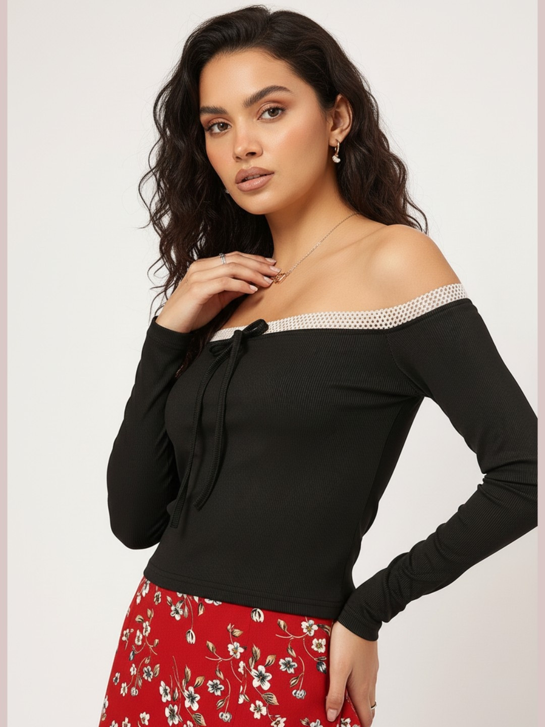 DressBerry Sweet & Spicy Bow-Detail Off-Shoulder Ribbed Top