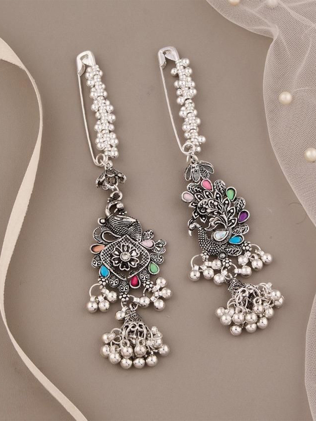 GC PREMIUM JEWELLERY Set Of 2 Artificial Stones Studded Peacock Shaped Saree Clip