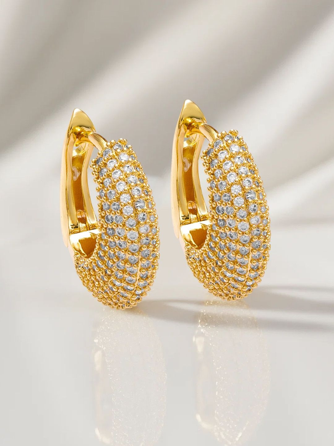 Rubans 22K Gold-Plated Cubic Zirconia Studded Oval Shaped Hoop Earrings