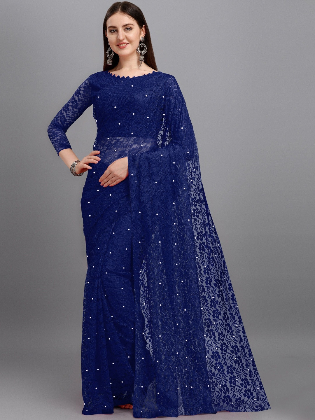 fashion field Women Net Embellished Beads and Stones Saree