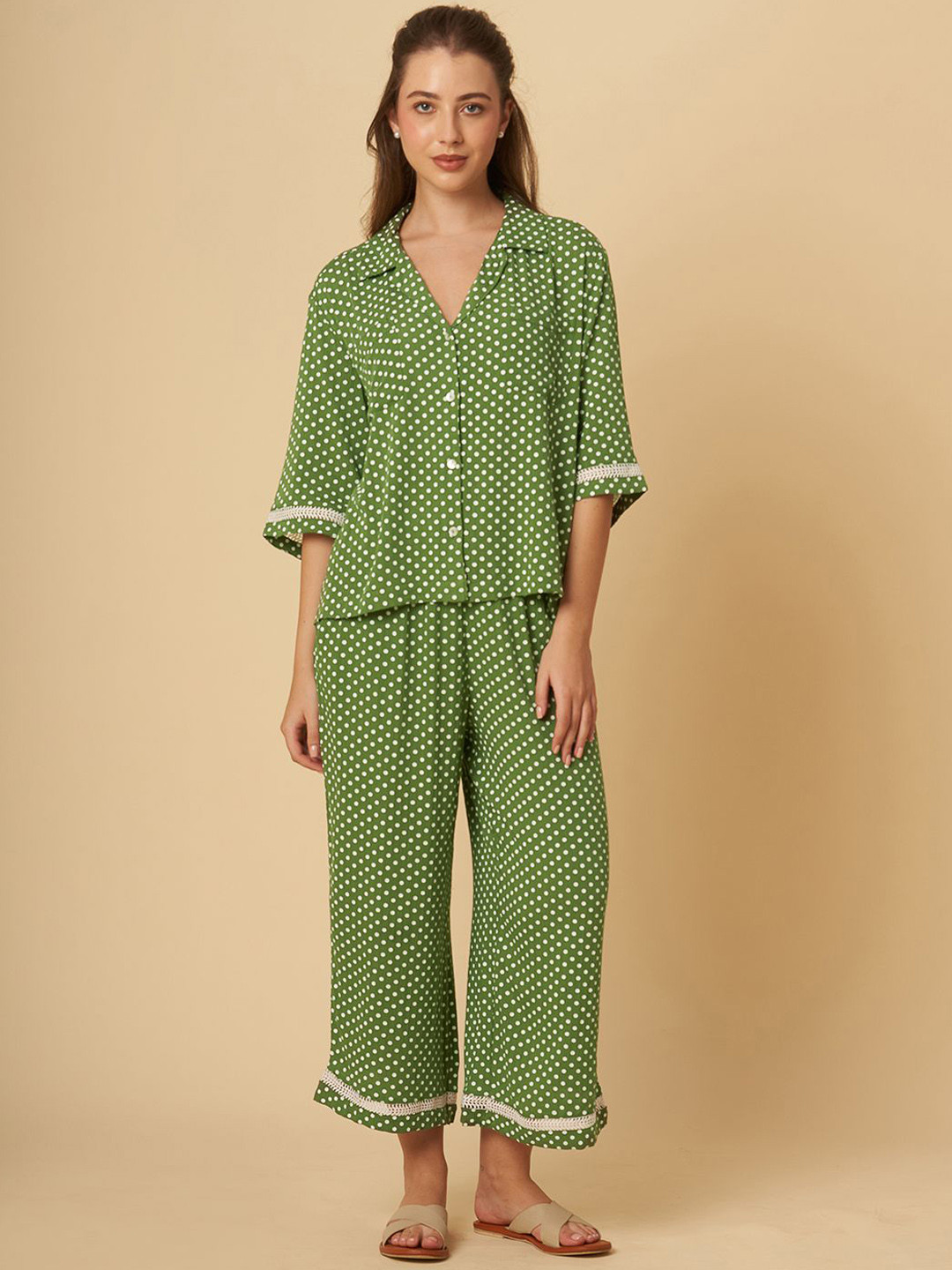 Chemistry Women Polka Dot Printed Lapel Collar Shirt & Pyjamas Night suit