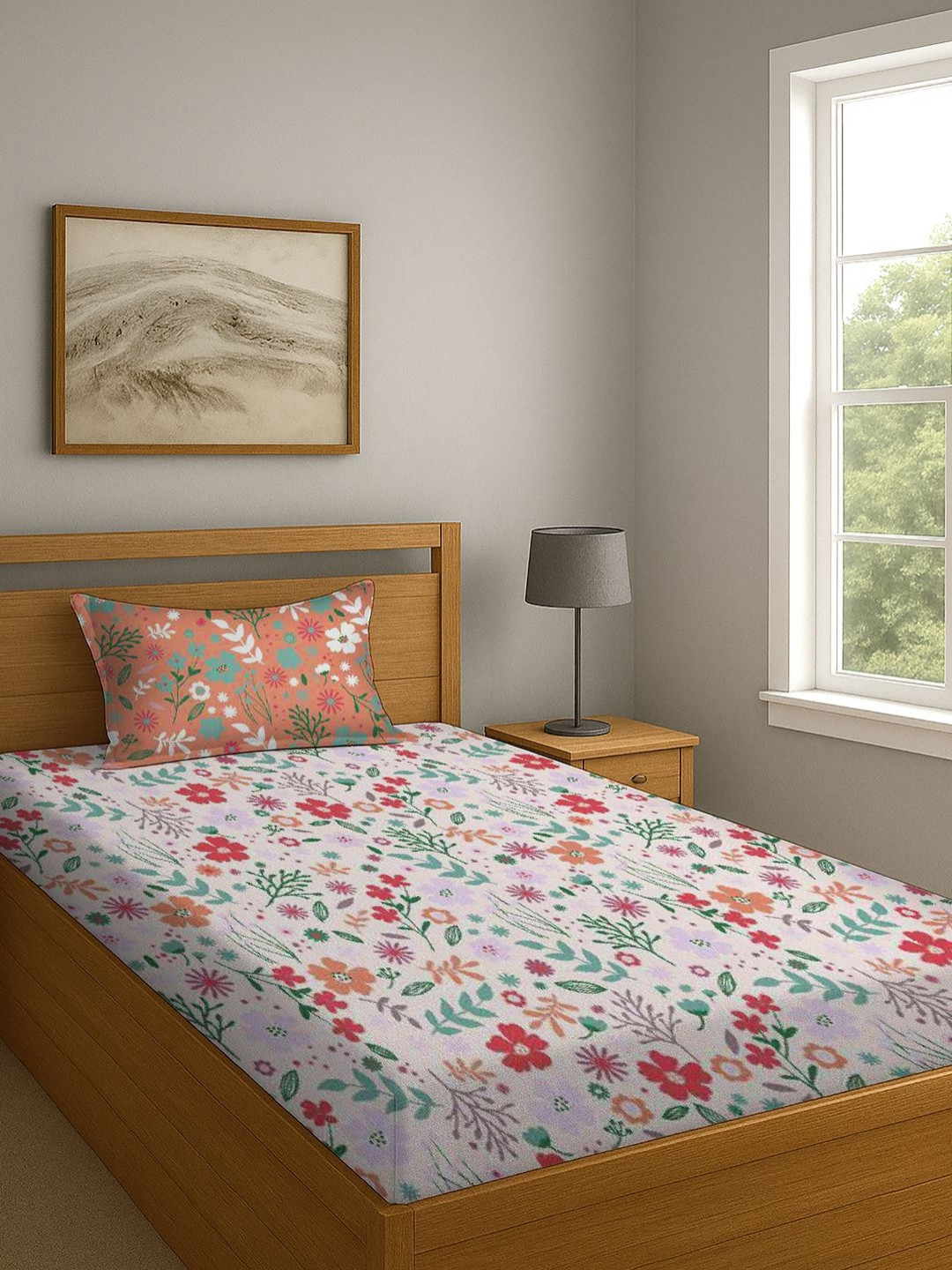 BOMBAY DYEING Peach & Green Floral Printed Cotton 104 TC Single Bedsheet 1.40 M X 2.24 M