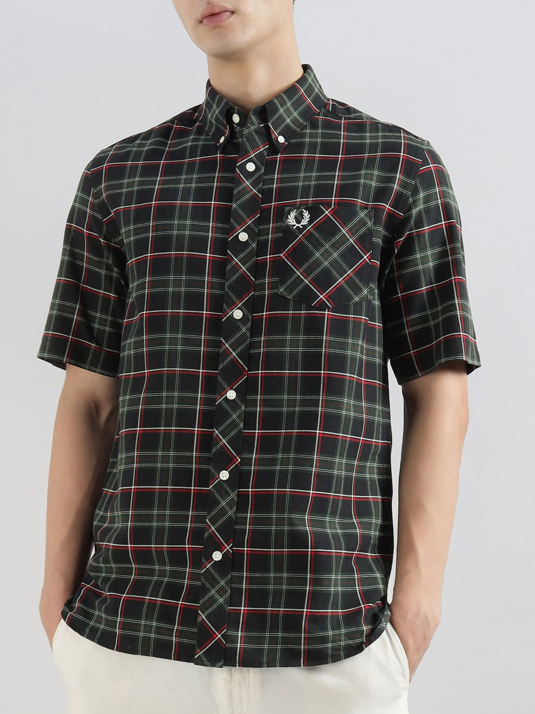 Fred Perry Men Tartan Checked Button-Down Collar Cotton Casual Shirt