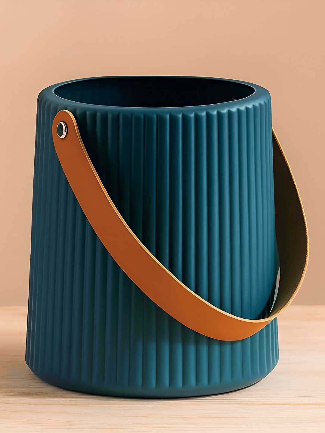 Ascension Green & Brown Striped Design Flower Vase With Faux Leather Handle