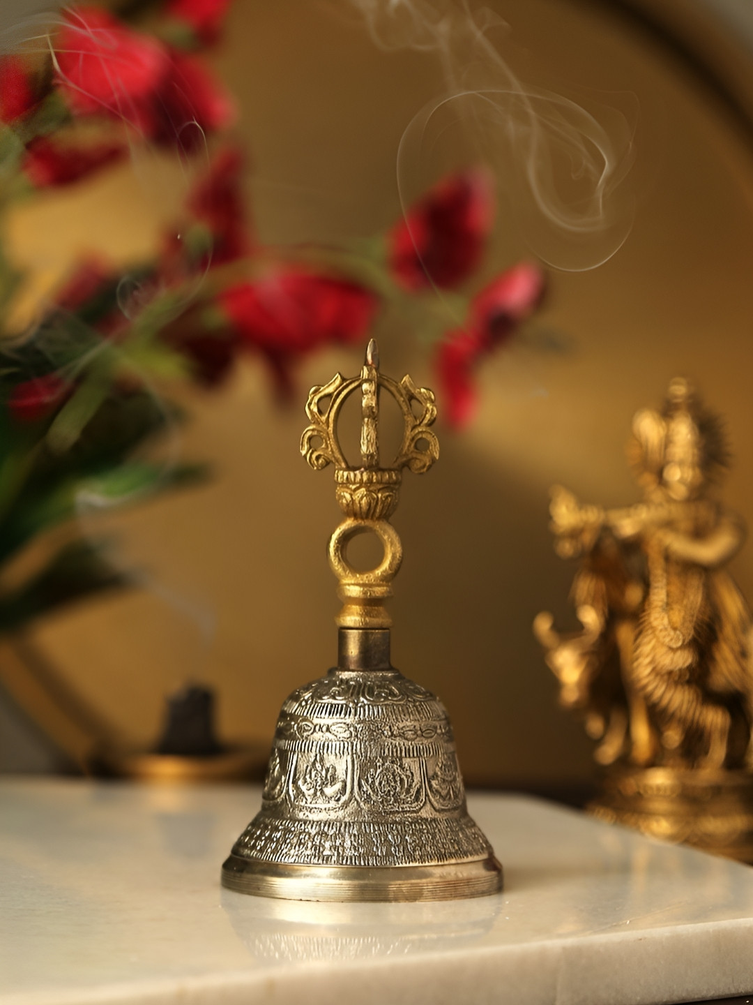Revive Home Yellow & Grey Textured Dorjee Design Hand Pooja Bell