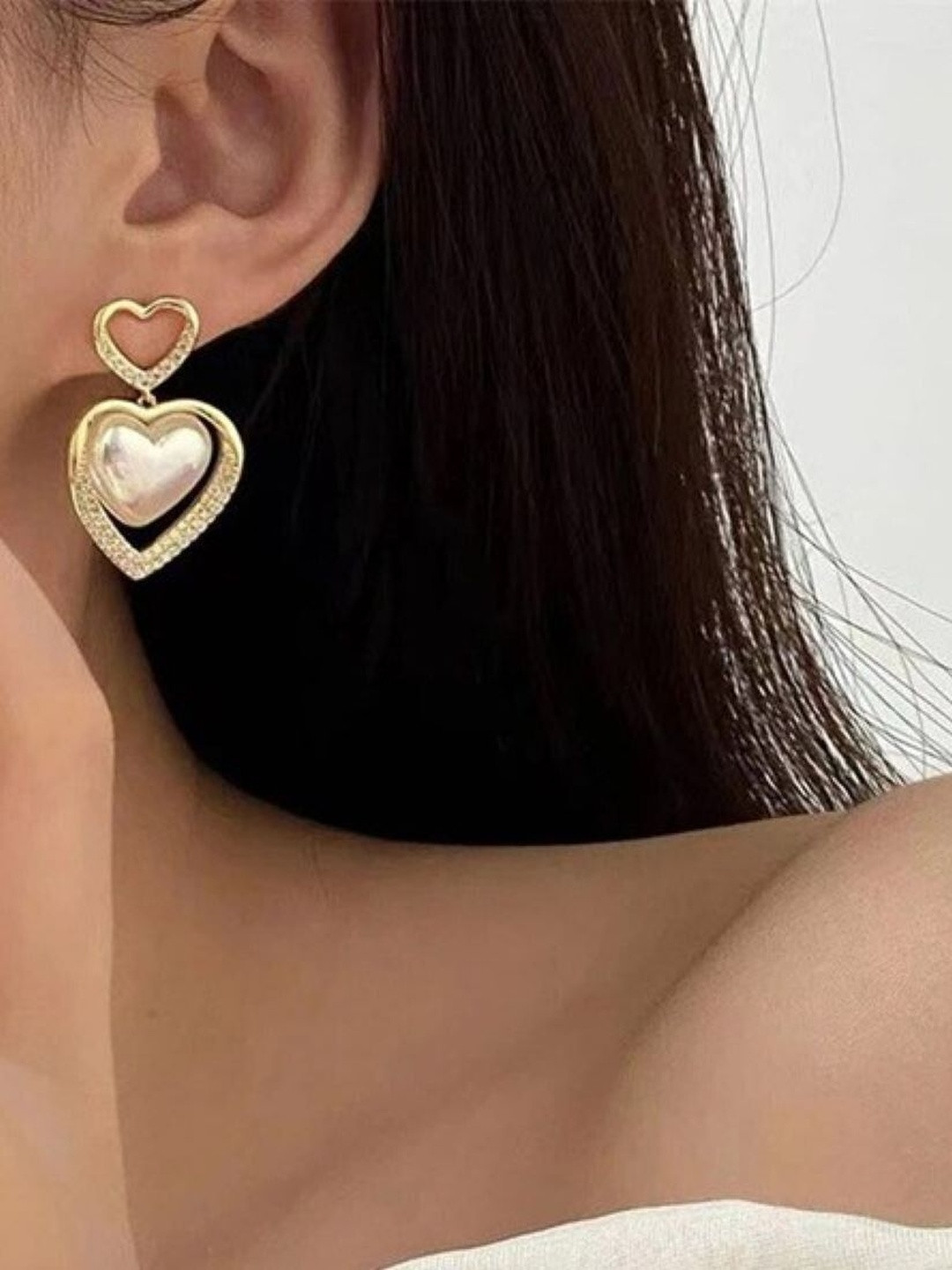 Jewelfy Gold-Plated Artificial Stones Studded Korean Dual Hearts Shaped Drop Earrings