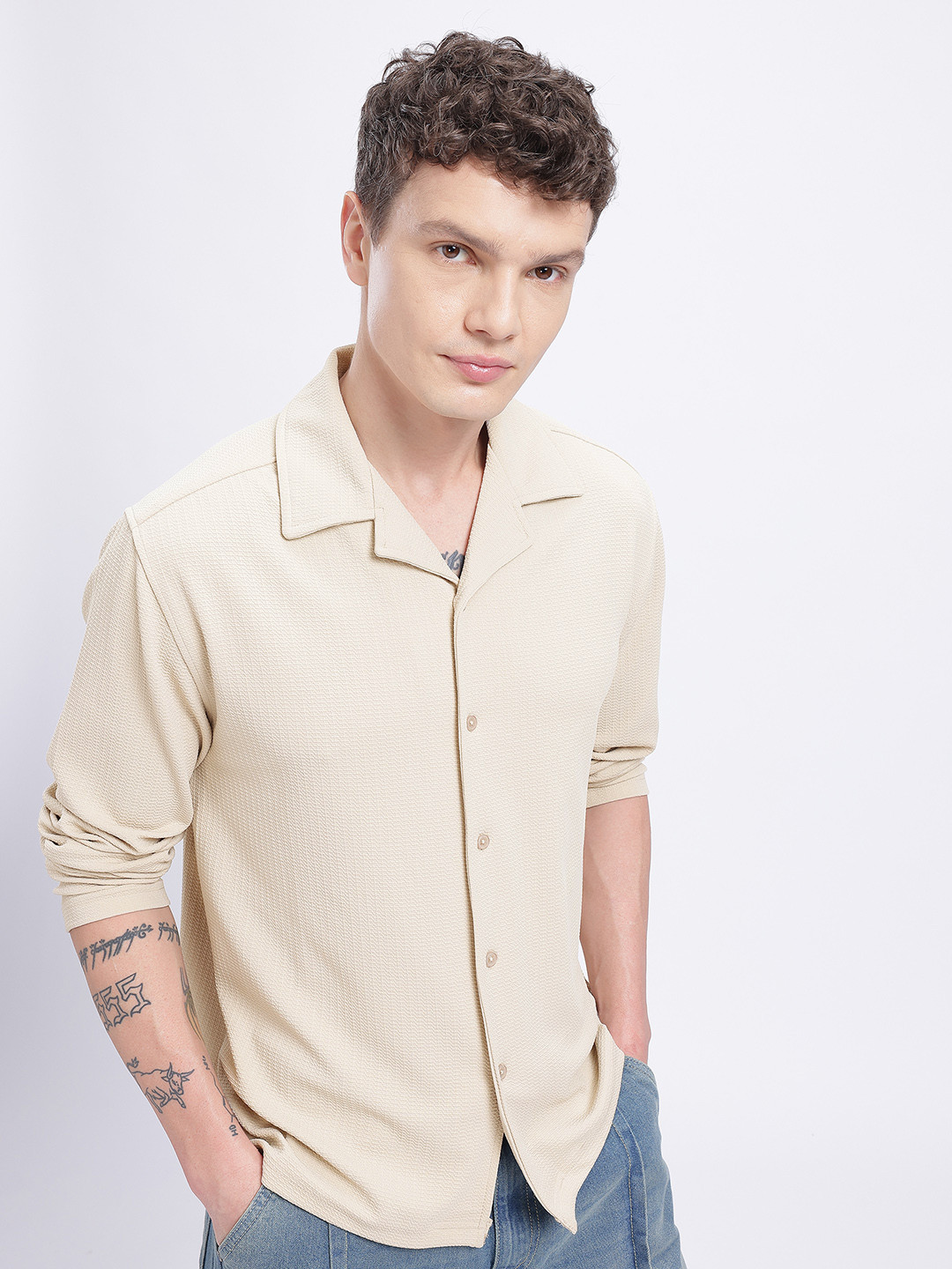 glitchez Lapel Collar Textured Shirt