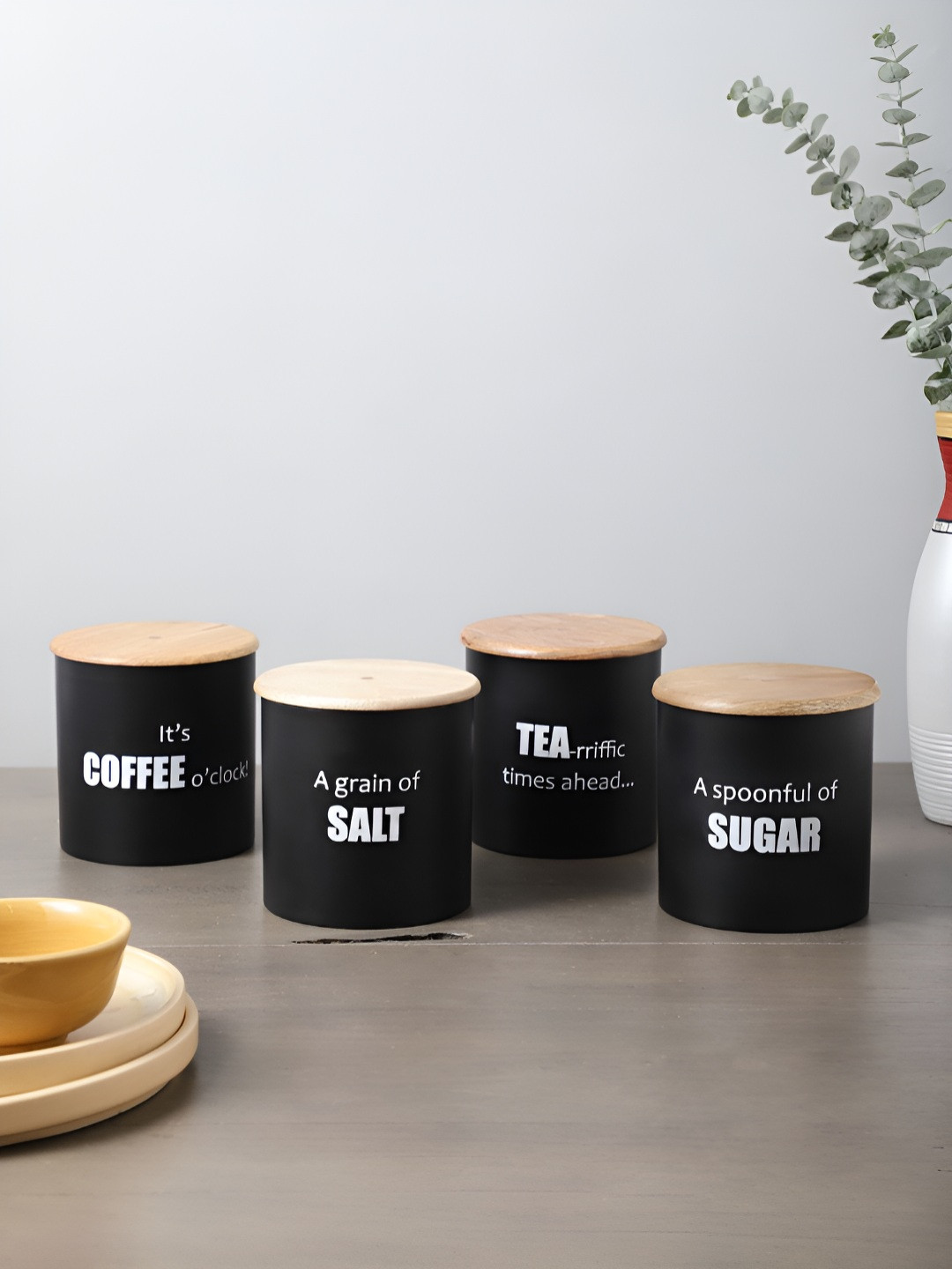 VarEesha 4 Pieces Typography Printed Black 2025 Metal Air Tight Canister Container