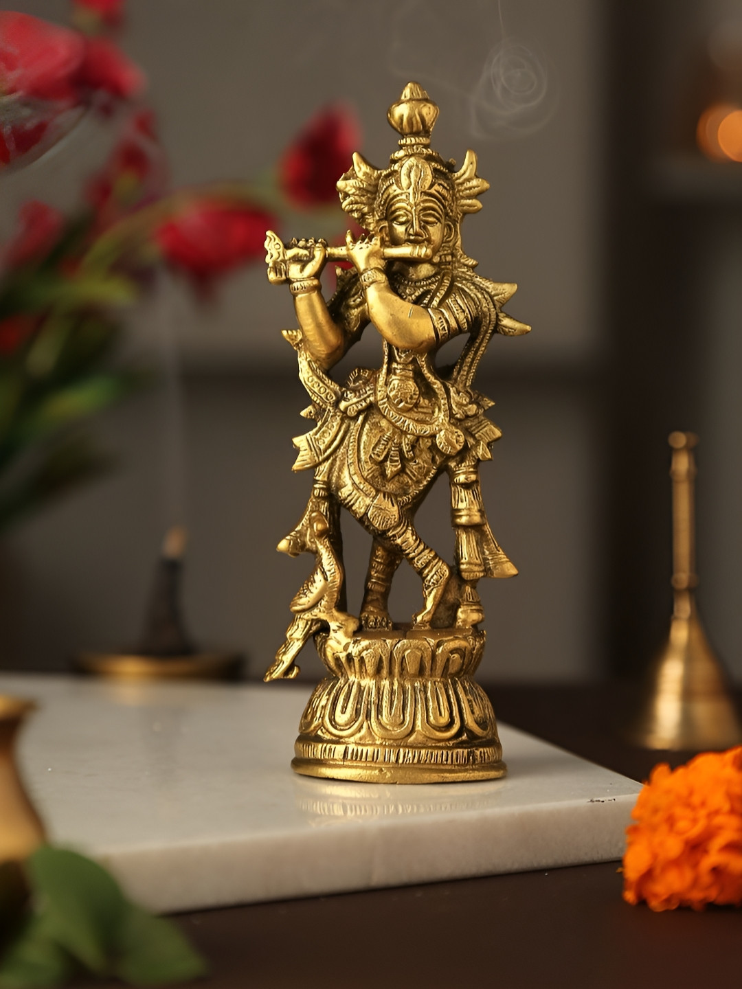 Revive Home Yellow Textured Krishna Playing Flute Religious Idol Showpieces