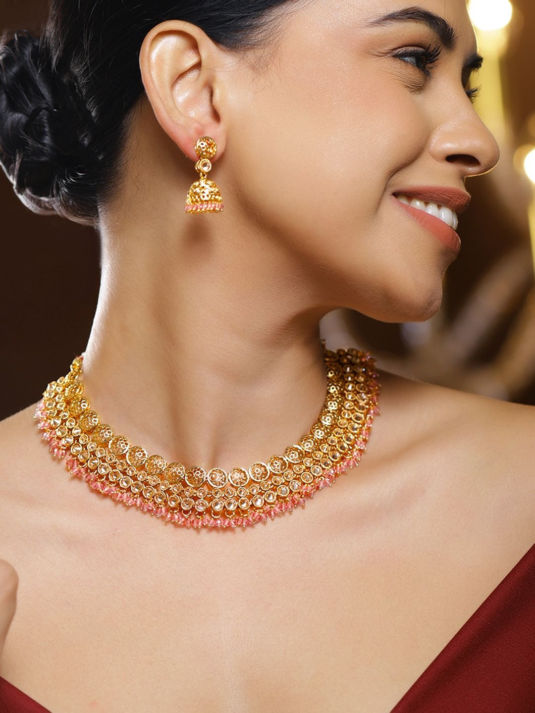 Rubans 22K Gold-Plated Brass Kundan Stone Necklace with Pastel Pink Beads & Jhumka Earring