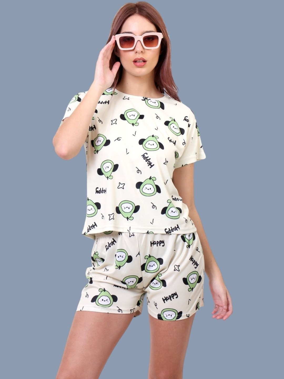 Clothus Printed Satin Shot Sleeves Night suits