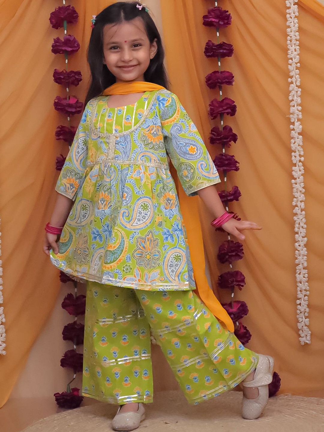 Aj DEZInES Girls Paisley Printed Empire A-Line Pure Cotton Kurta With Palazzos & Dupatta