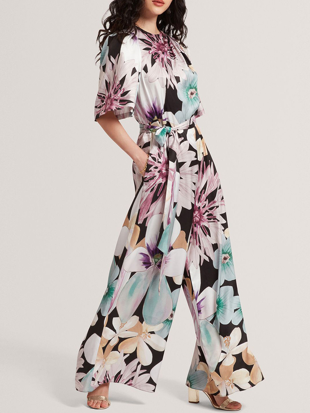 Ted Baker Women Floral Printed Waist Tie-Ups Cotton Jumpsuit