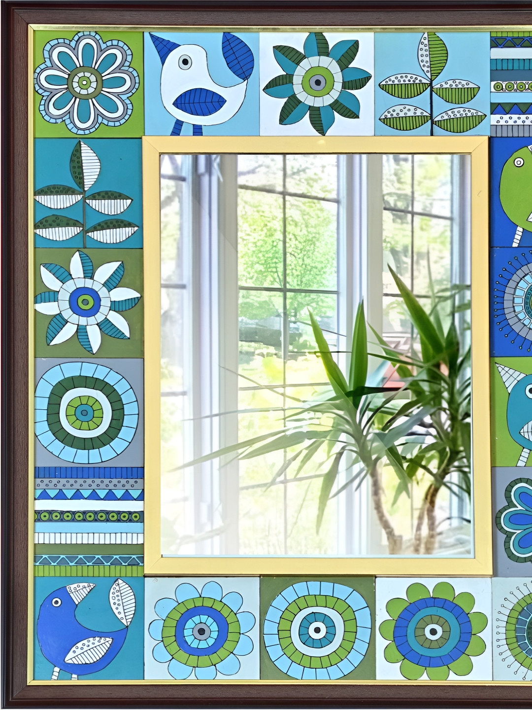 Creative Touch Blue & Green Printed Wooden Rectangular Shaped Wall Mirror