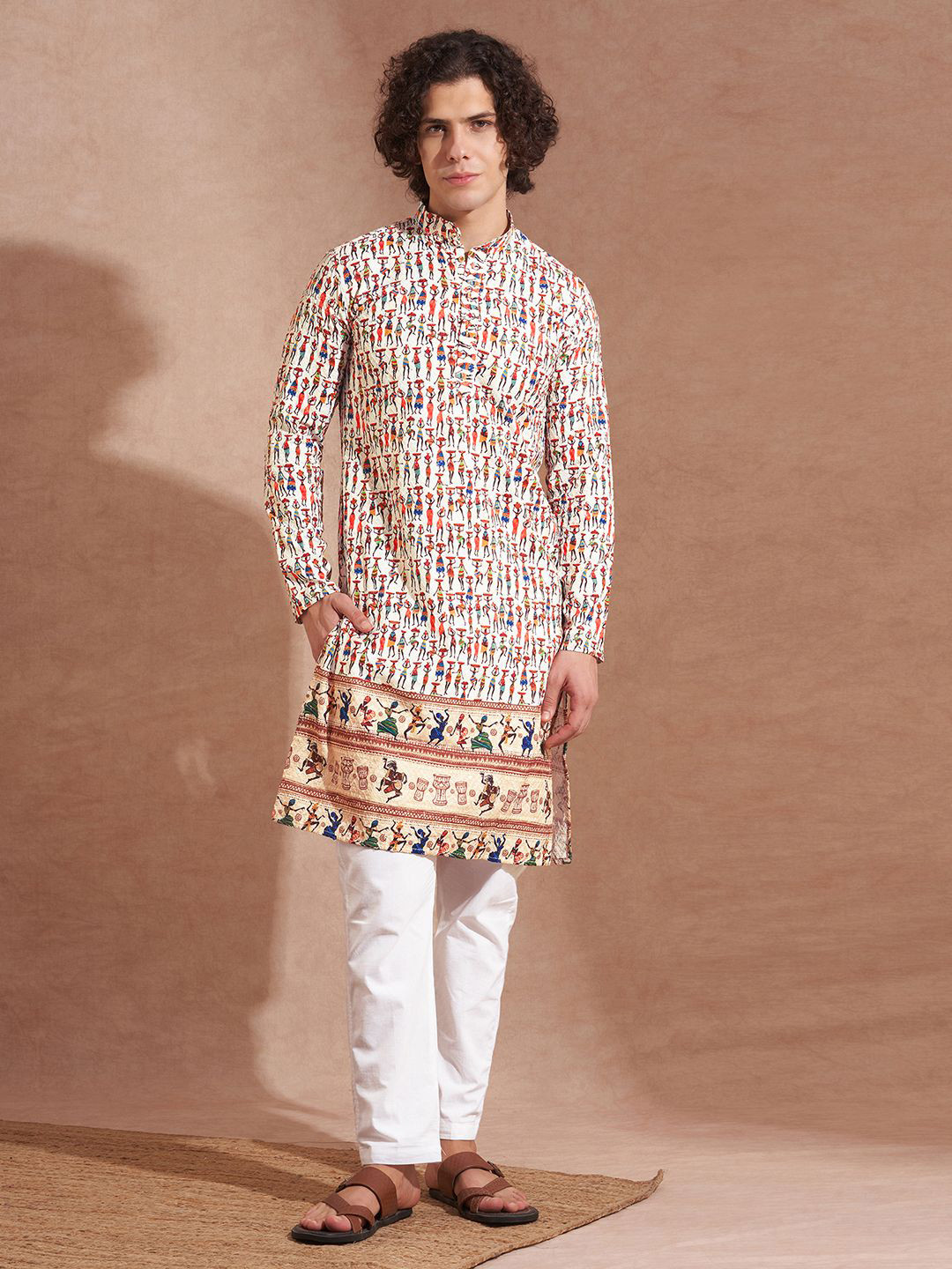 TRYBUY.IN Ethnic Motifs Printed Band Collar Chikankari Pure Cotton Kurta