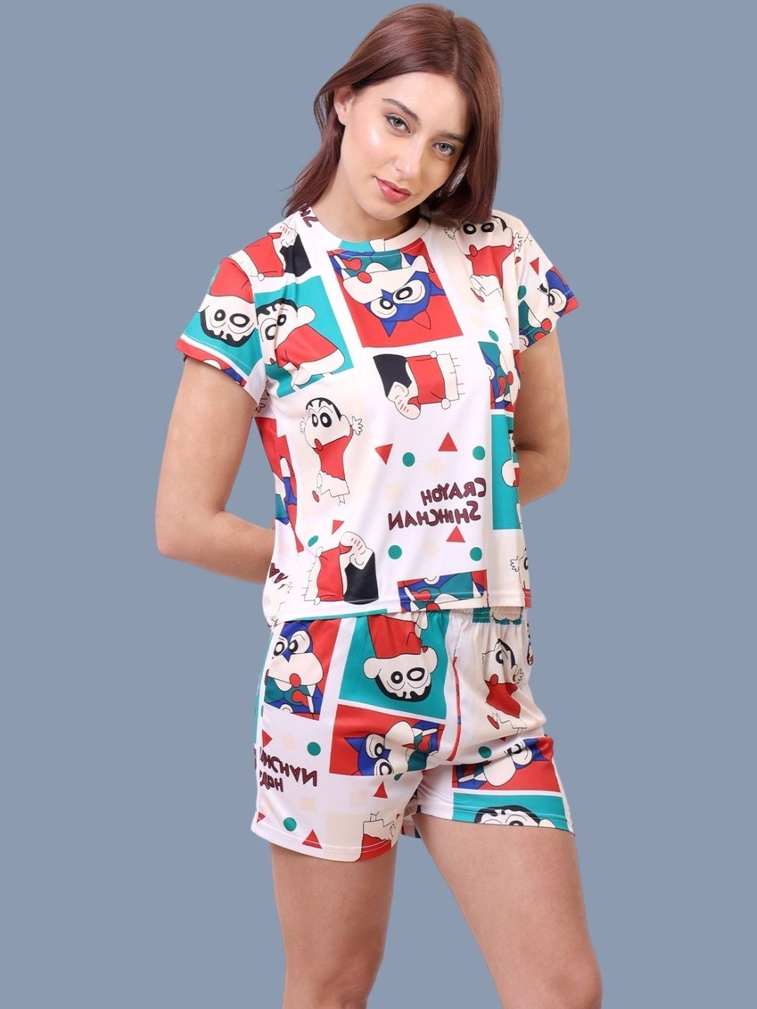 Clothus Printed Round Neck Satin Printed Top With Shorts