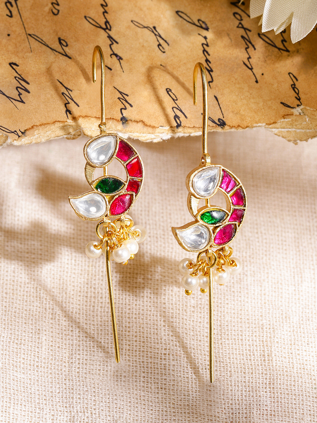 Rubans 22K Gold-Plated Ruby Pink, Emerald Green & White Kundan Studded Ear Cuff