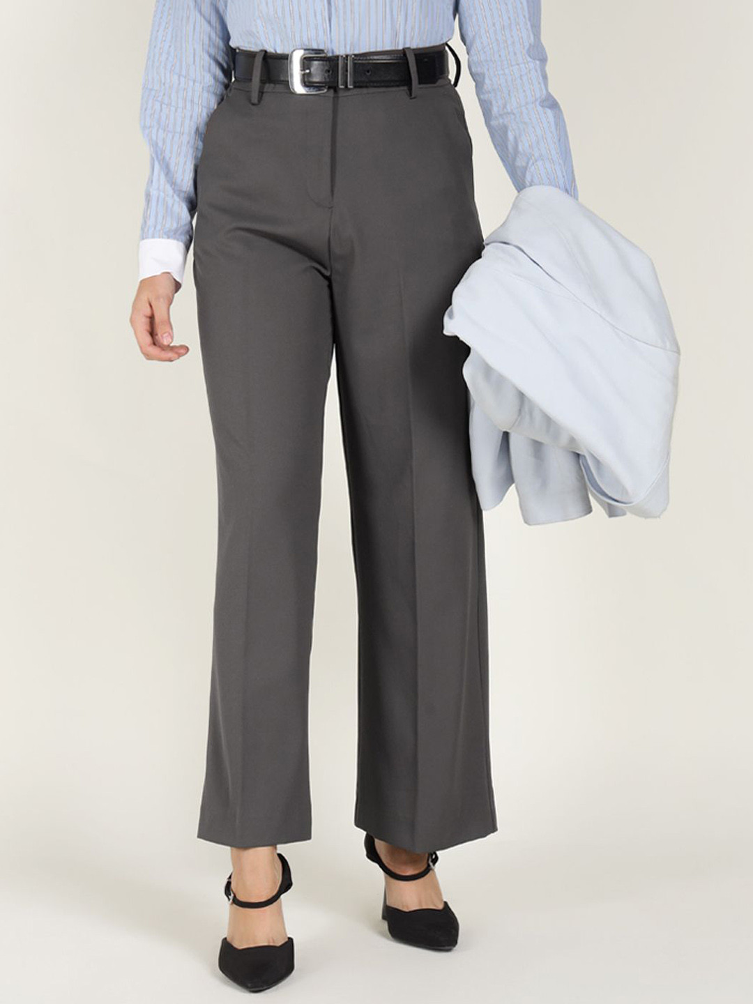 Hancock Women's Solid Wide Leg Solid High-Rise Wrinkle Stretchable Formal Trousers