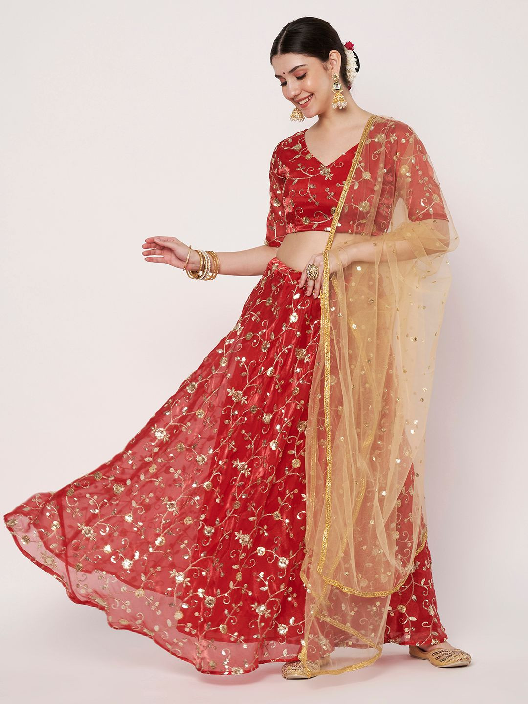 studio rasa Women Embroidered Sequinned V-Neck Short Sleeves Lehenga & Blouse With Dupatta