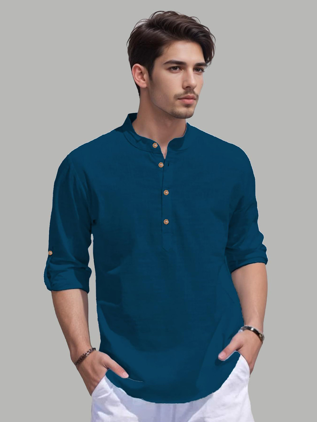 EdinWolf Band Collar Roll-Up Sleeves Straight Pure Cotton Short Kurta