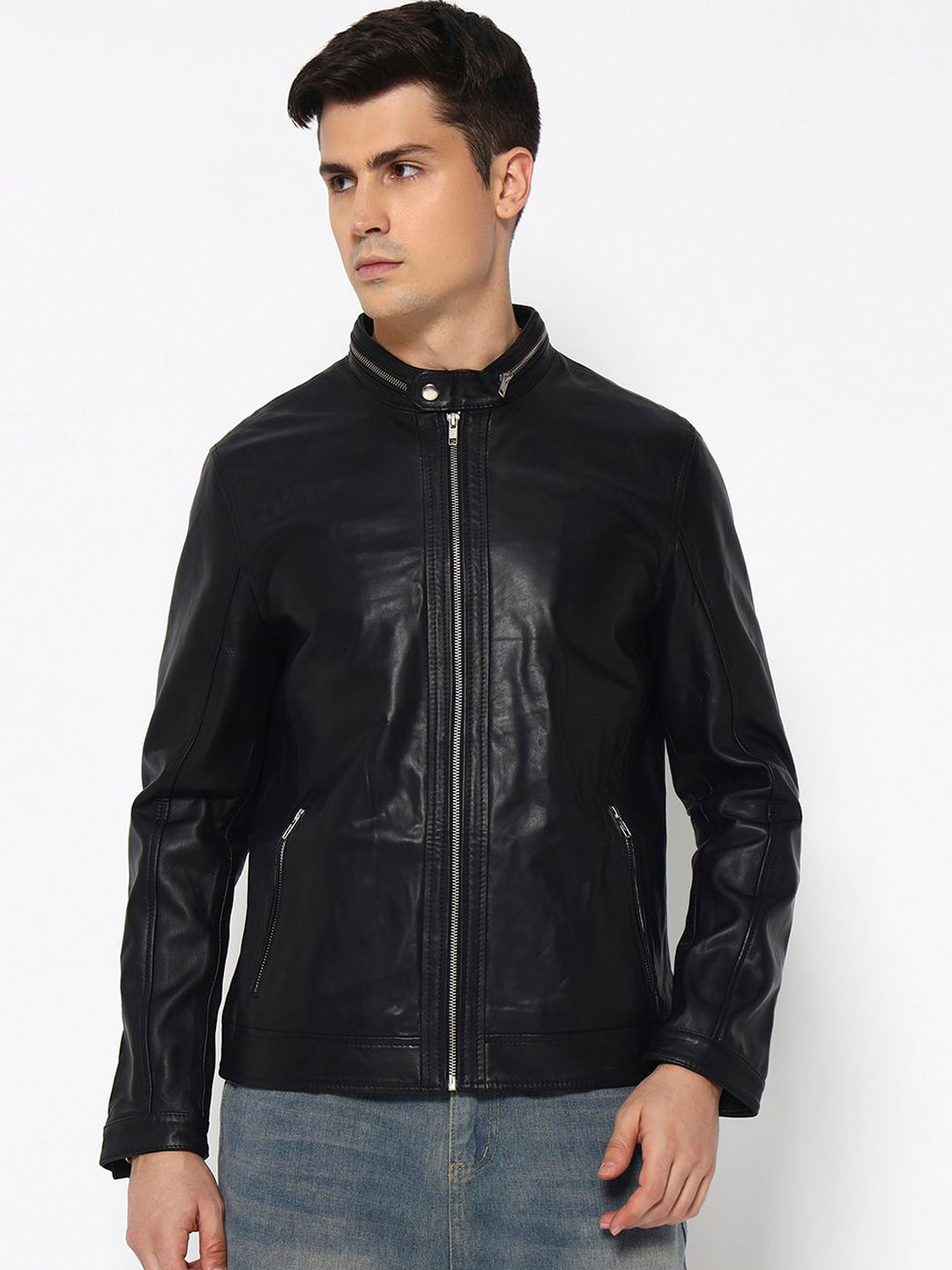 MaheTri Men Mandarin Collar Stylish Black Bomber Leather Jacket