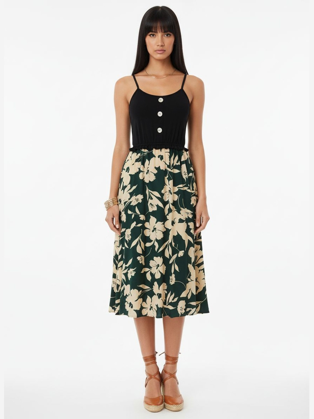 DressBerry Floral Print Button Detailing Shoulder Straps A-Line Midi Dress