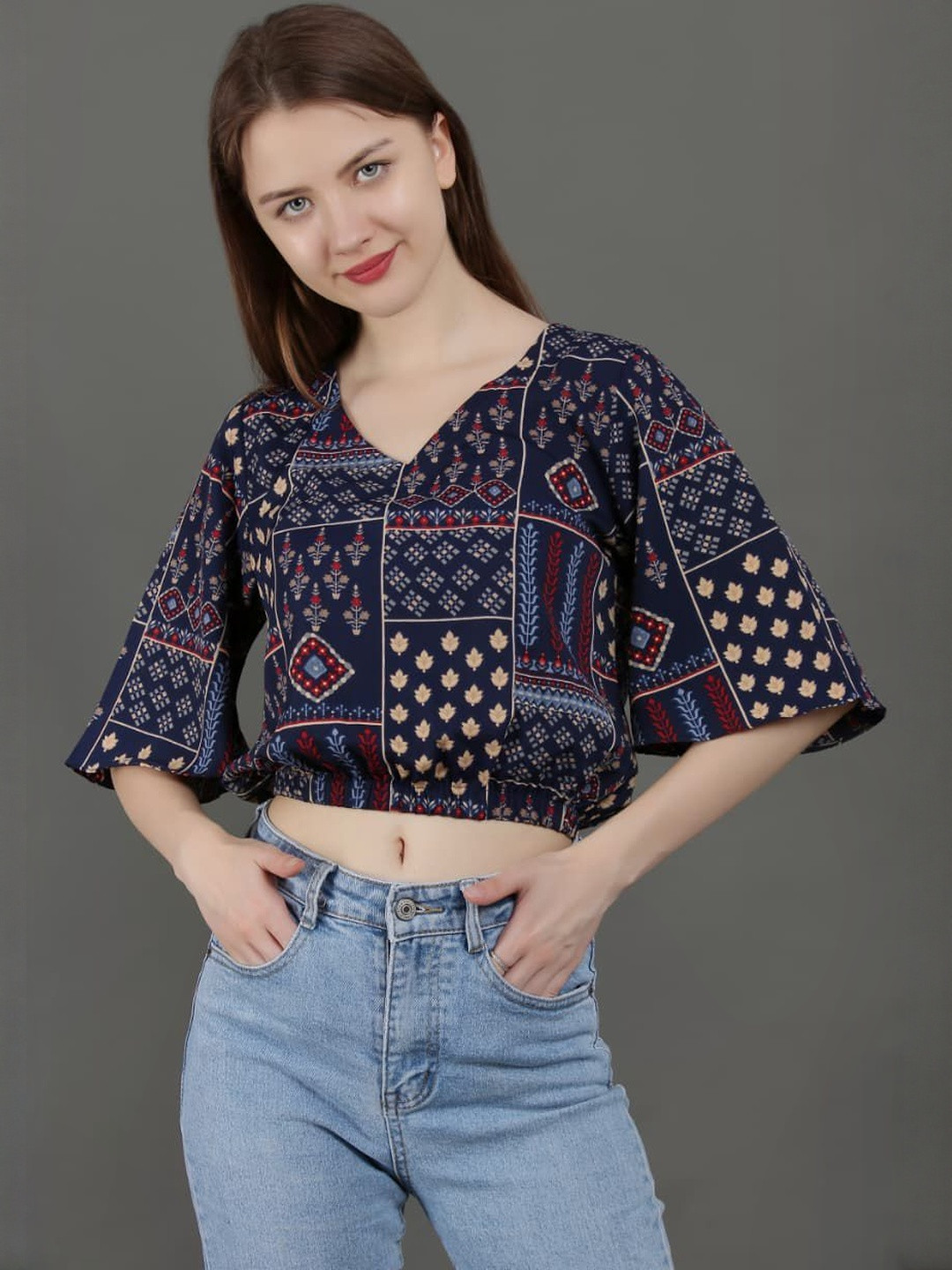 Trend For You Ethnic Motifs Print Flared Sleeve Ethnic Cotton Crop Top