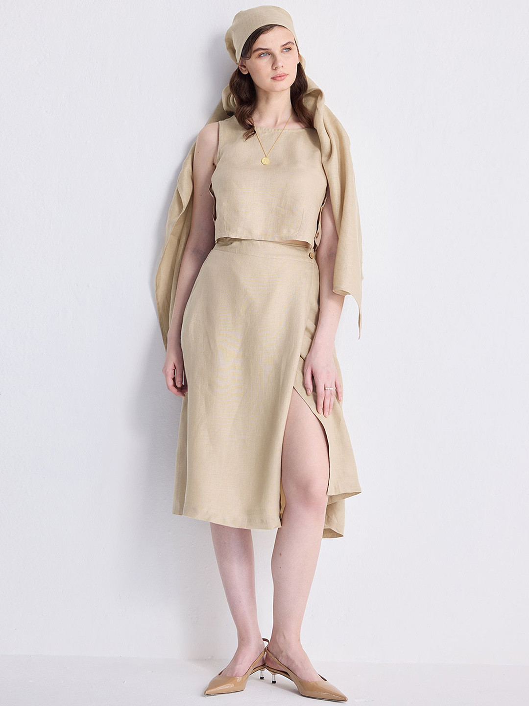 Reistor Neutral Beige Women Flared Mid Rise Midi Skirts