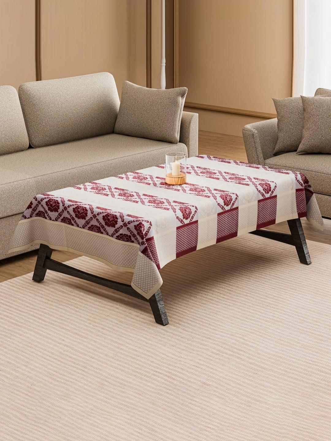 Aura Cream-Coloured & Maroon Floral 4-Seater Anti-Skid Table Cover