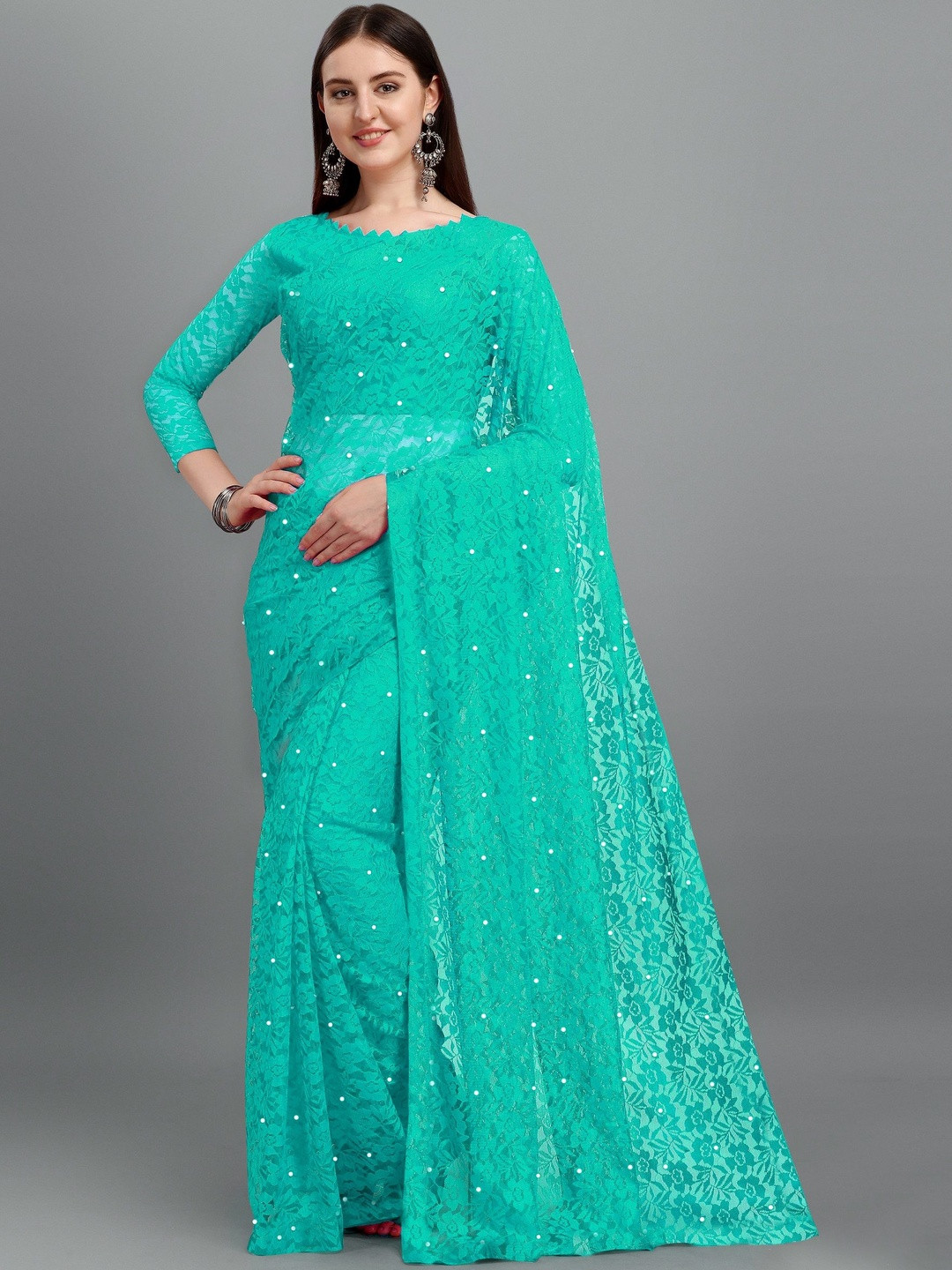 fashion field Women Embellished Beads and Stones Net Saree