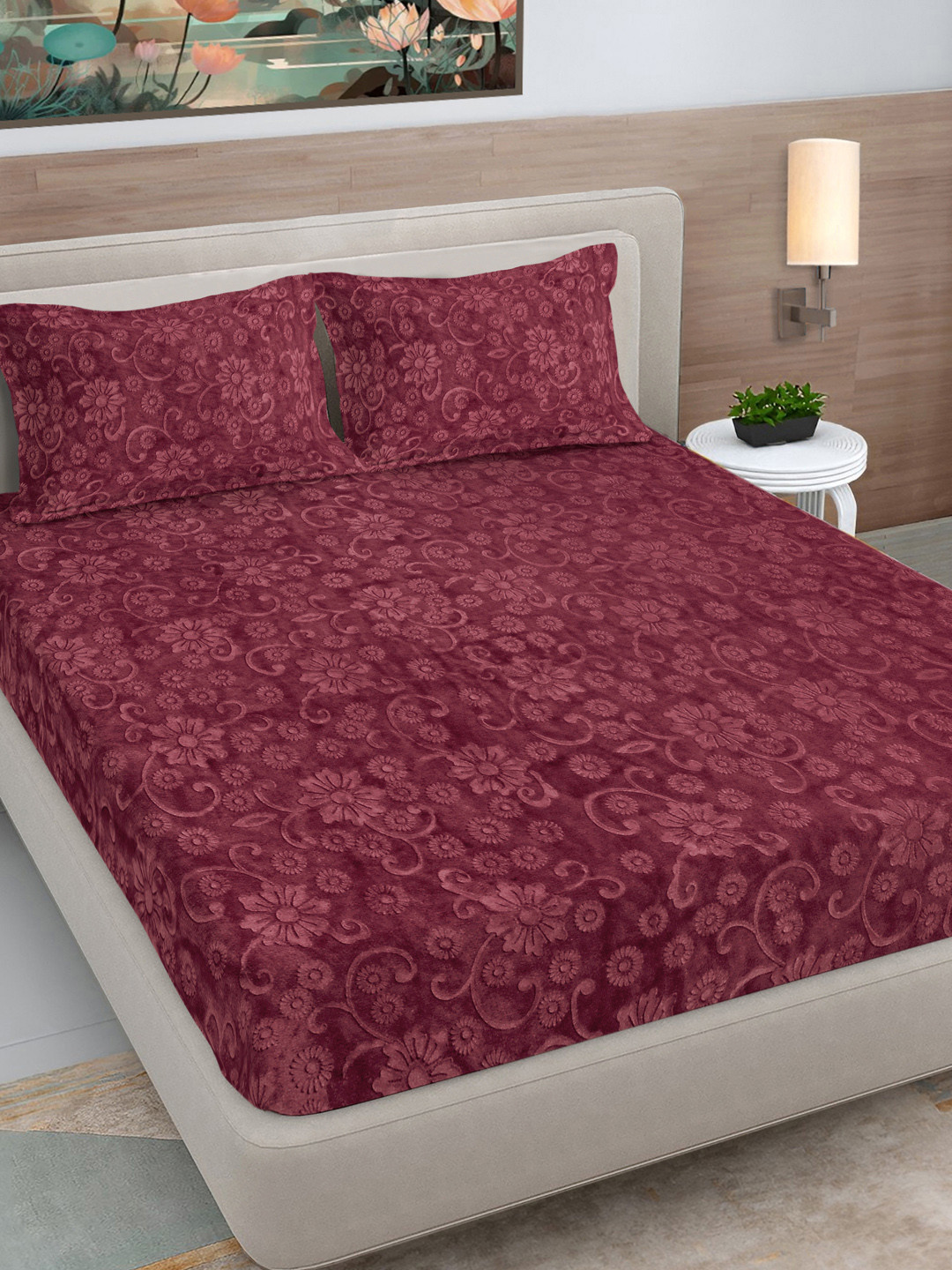 Myntra Elegant Homes Maroon Floral Woollen 300TC Fitted Double King Bedsheet Set-2.5mX2.2m