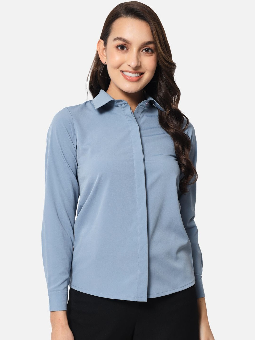 SZN Women Blue Solid Spread Collar Regular Fit Long Sleeves Formal Shirts