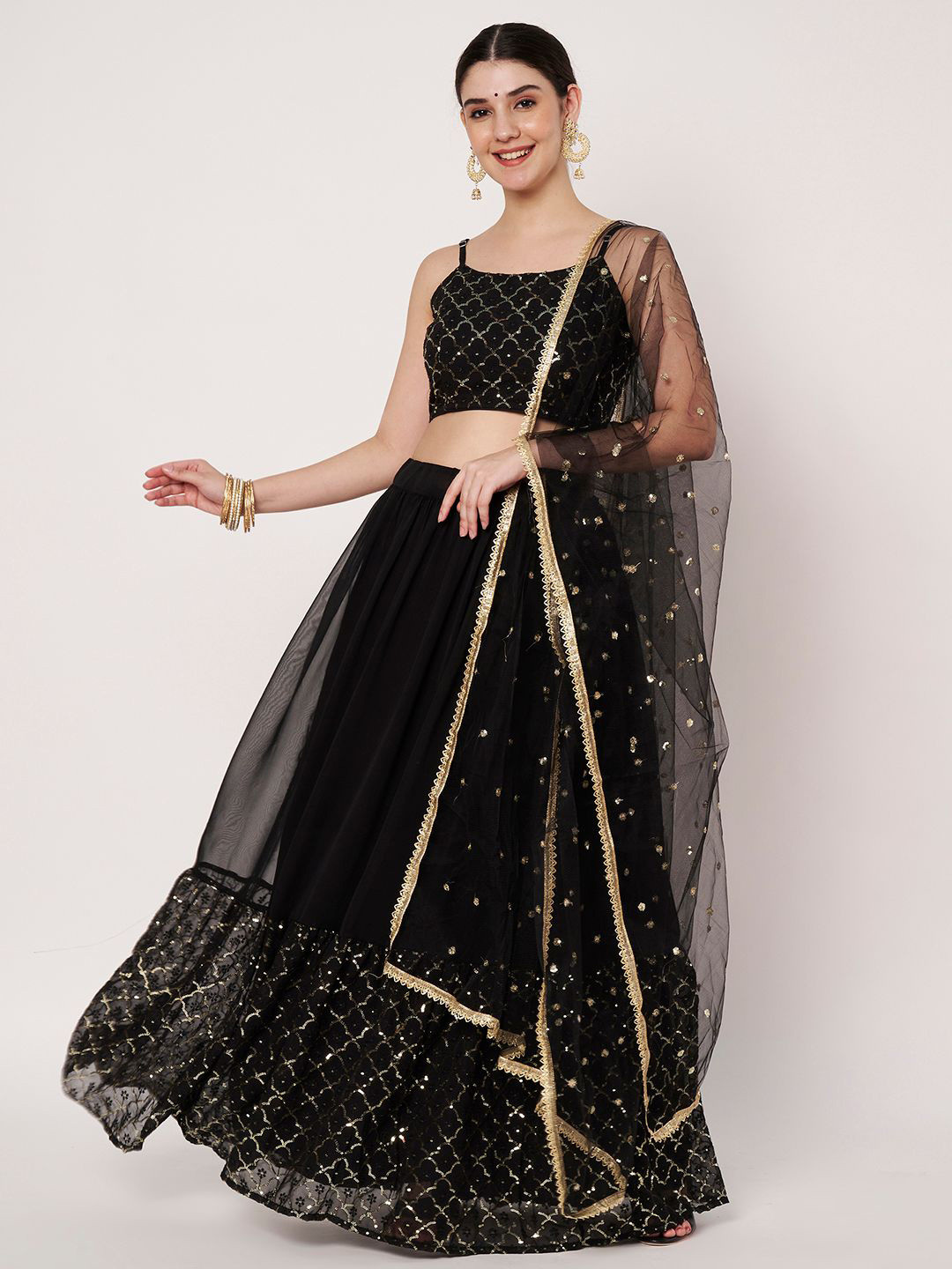 studio rasa Women Embroidered Sequinned Sleeveless Lehenga & Blouse With Dupatta