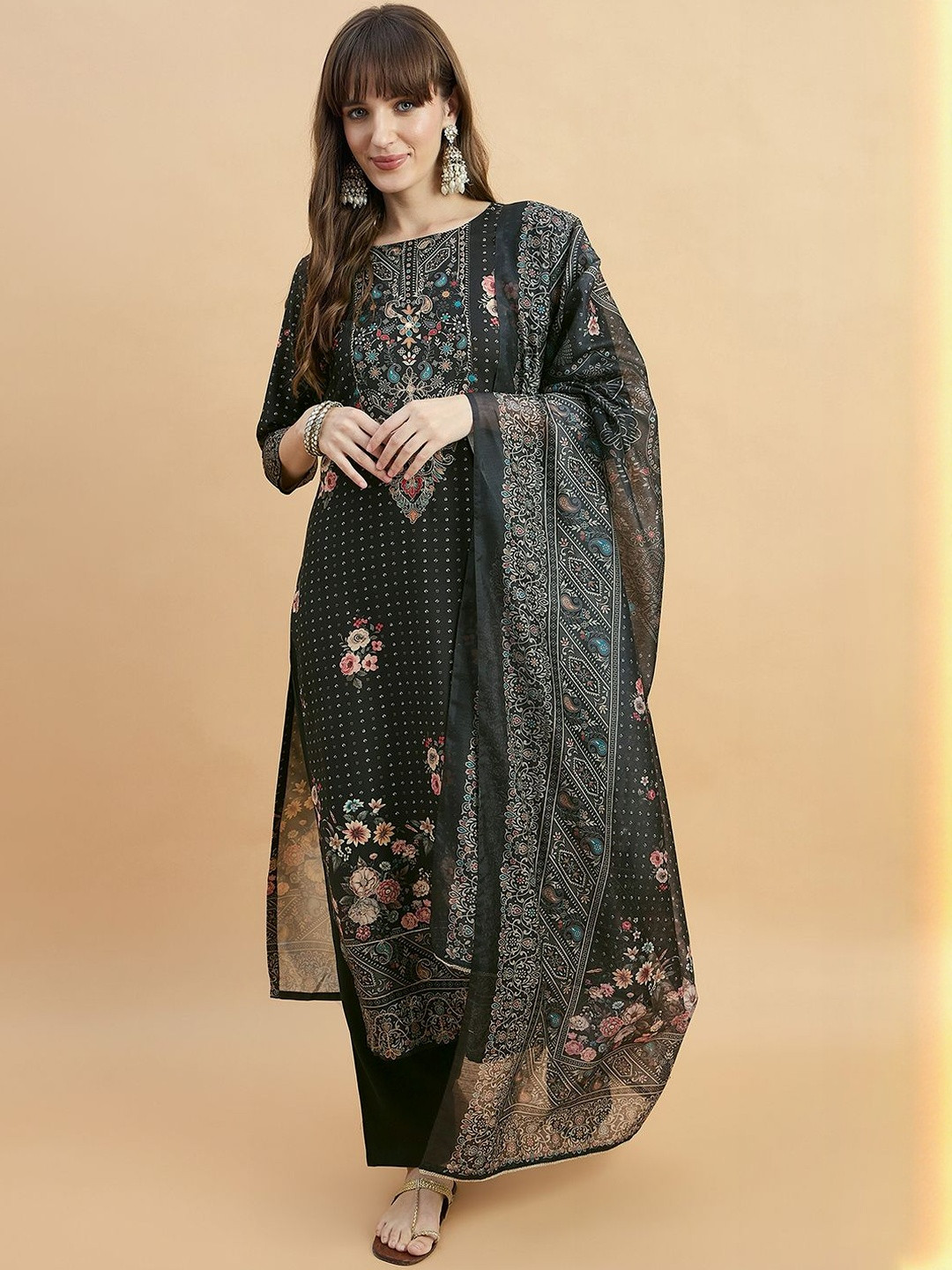 Anouk Mirage Women Aari Hand Work Digital Printed Kurta with Trousers & Dupatta