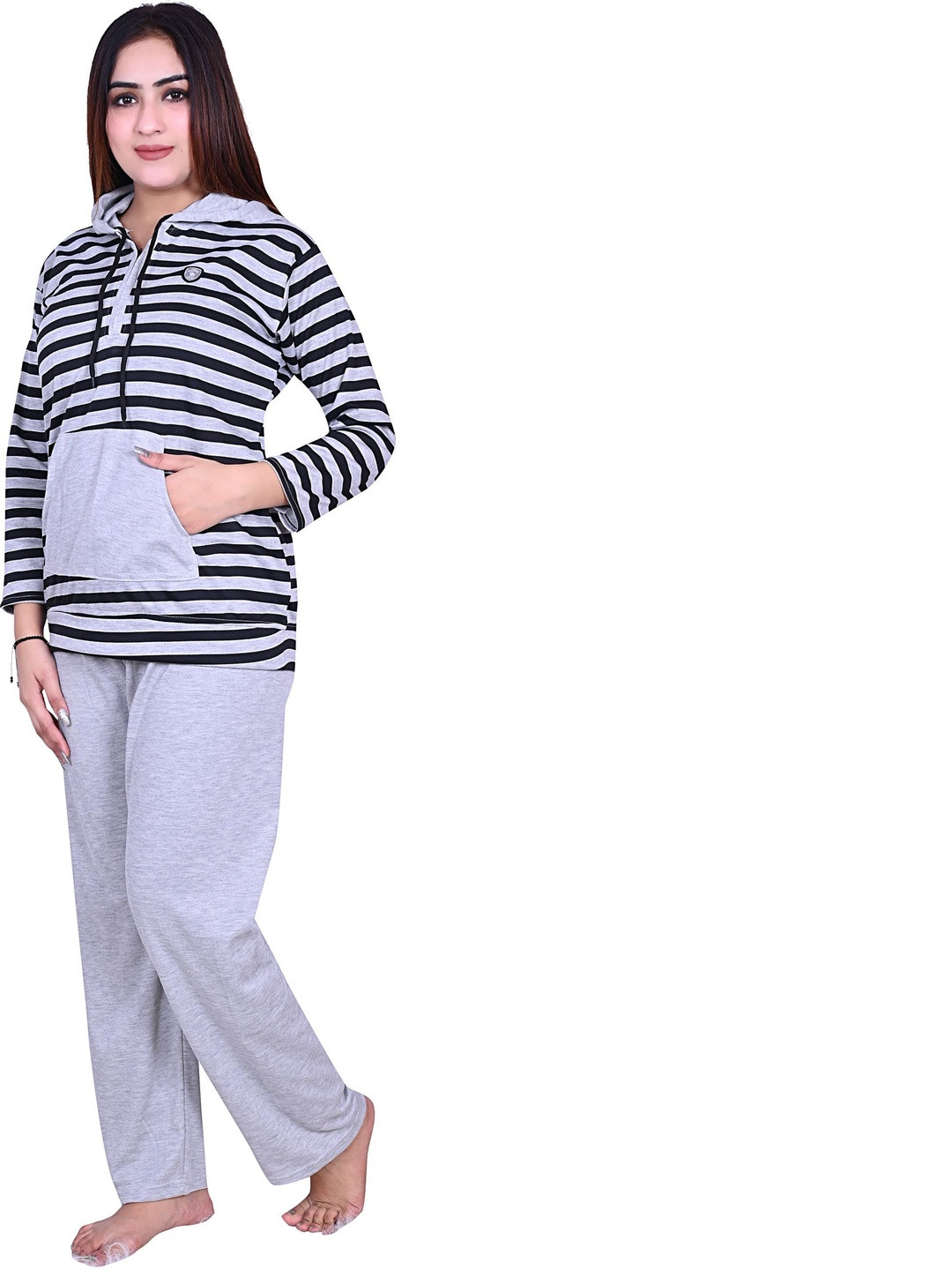 Clothus Striped Hooded Satin T-Shirt With Pyjamas