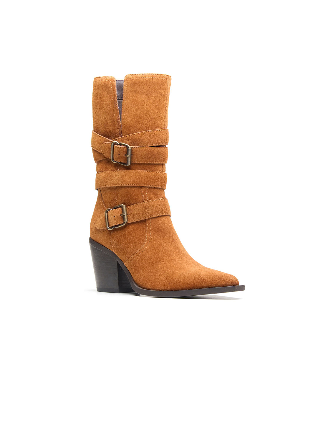 Peach Flores Maz Women Pointed Toe Buckle Detail Block Heeled High-Top Regular Boots