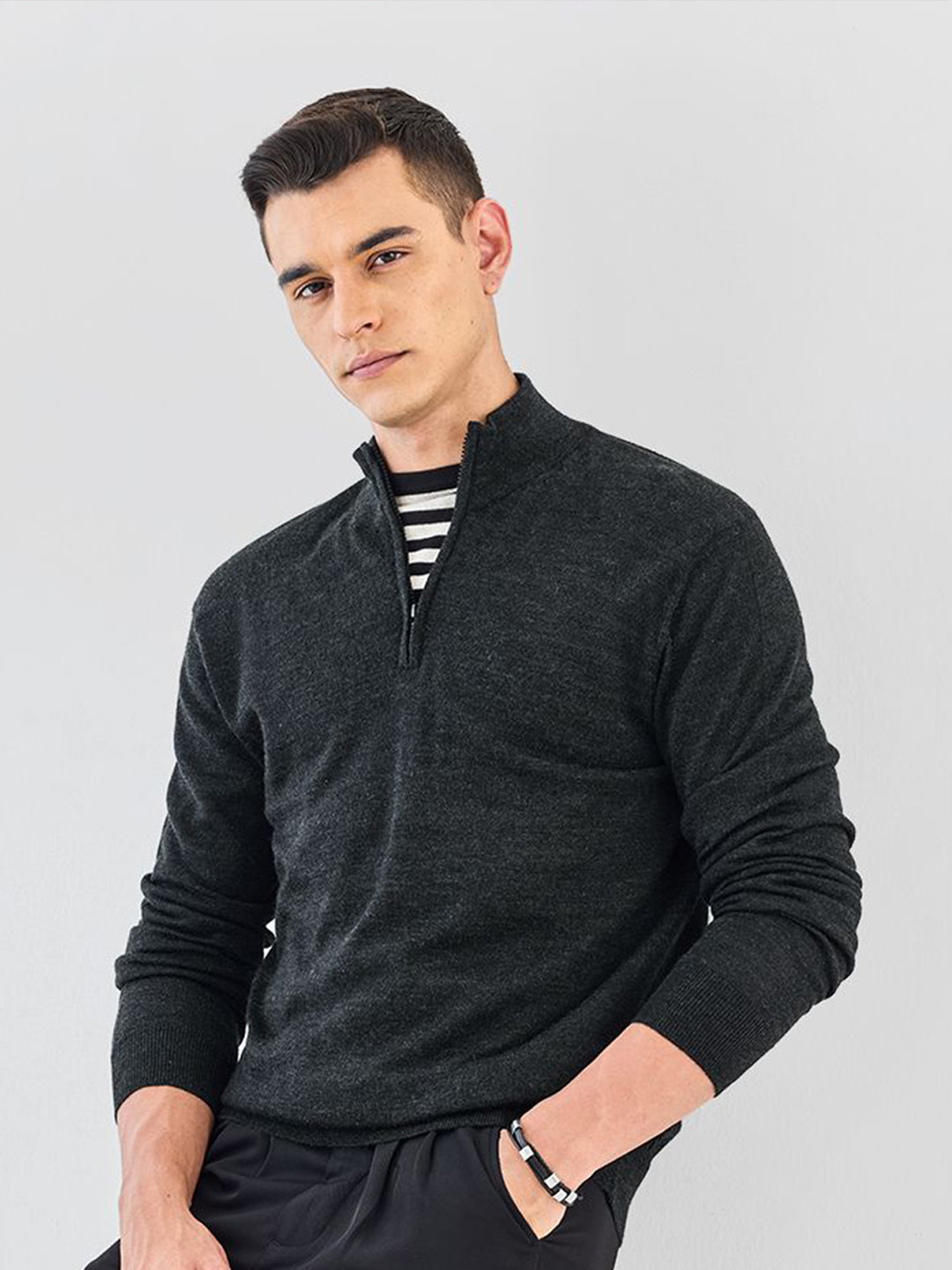 Snitch Men Self Design High Neck Woollen Long Sleeves Pullover